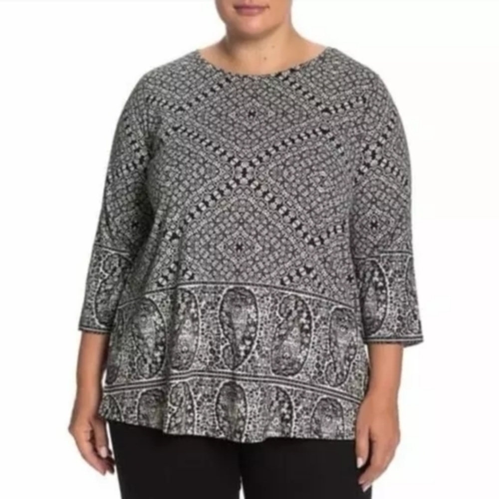 Lucky Brand Women's Navy & Cream Paisley Print Stretch Knit Top with 3/4 Sleeves